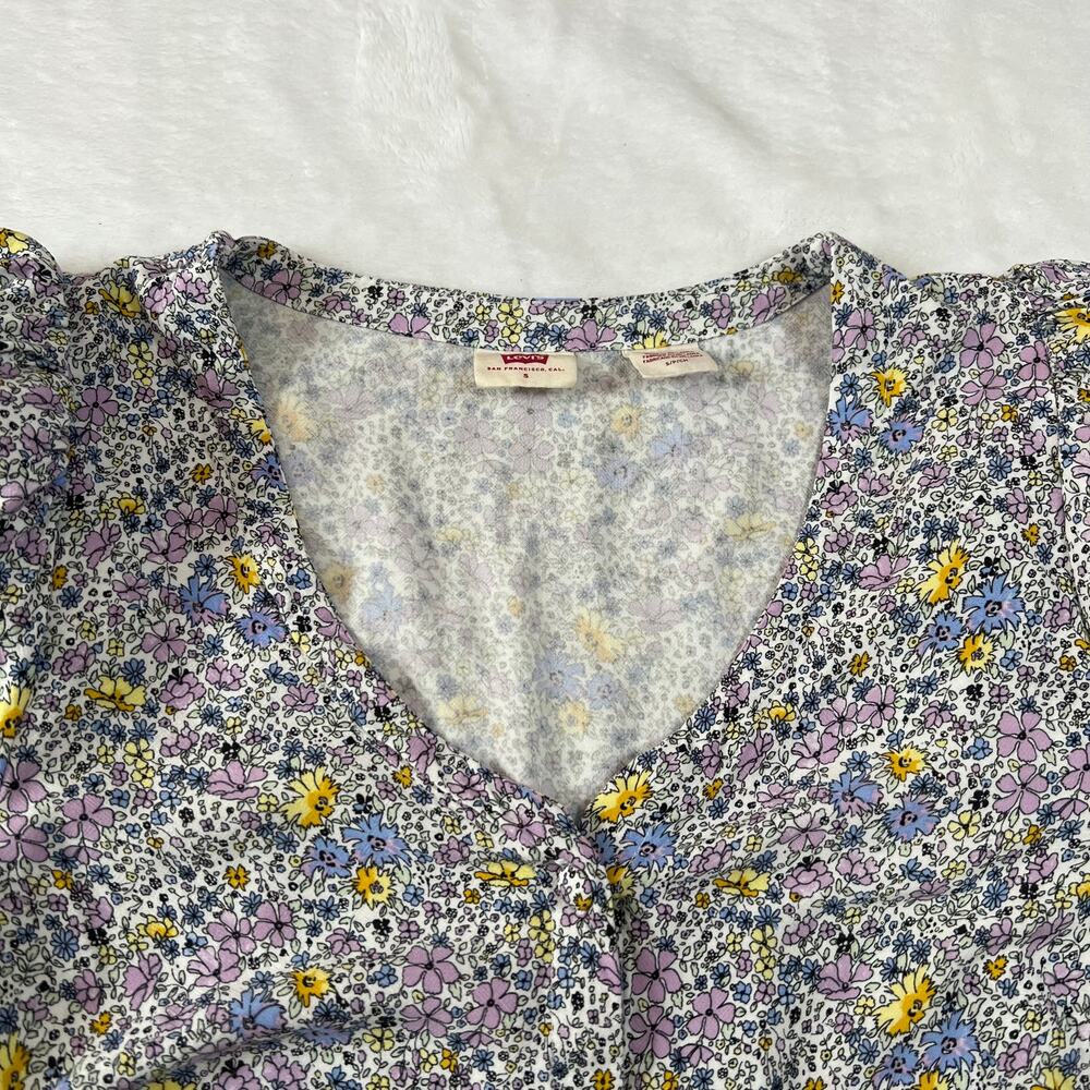 Levi's V-Neck Ditzy Floral Print Crop Button Up Blouse Size S Puff Sleeve Boxy - Picture 6 of 12